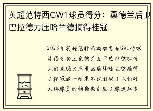 英超范特西GW1球员得分：桑德兰后卫巴拉德力压哈兰德摘得桂冠